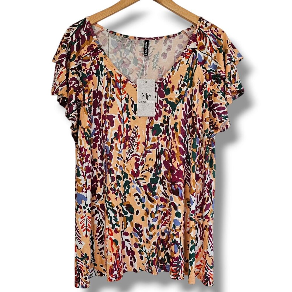 Mengpipi Floral Print V-Neck Short Sleeve Top Size XXL Lightweight‎ Stretch NEW